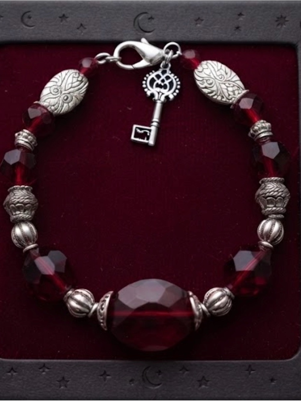 Vintage Red Crystal Beaded Bracelet with Silver Accents